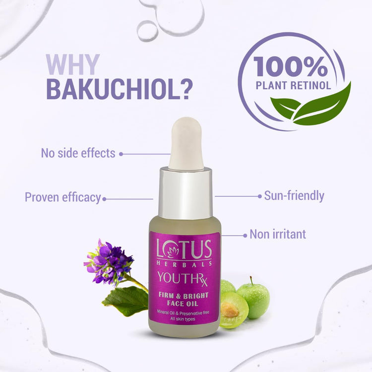 Lotus Herbals YouthRx Firm & Bright Face Oil | Bakuchiol Retinol & Vitamin C | Anti Ageing & Brightening | 15ml