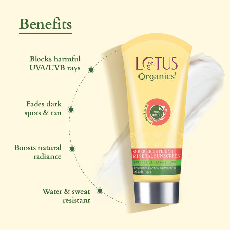 Lotus Organics+ Sheer Brightening Mineral Sunscreen | Non Greasy & Lightweight | SPF 50 | PA+++ | 50g