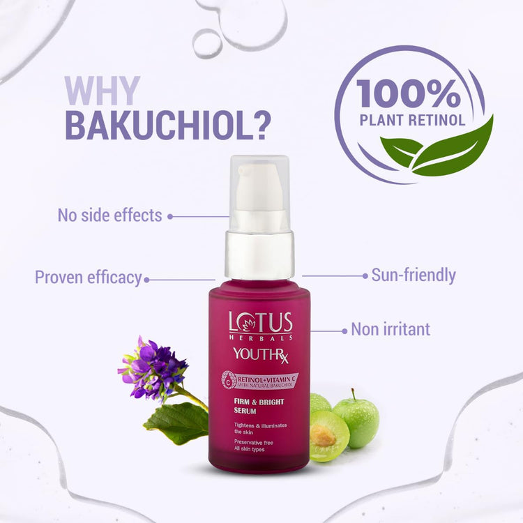 Lotus Herbals YouthRx Firm & Bright Face Serum | Bakuchiol Retinol & Vitamin C | Anti Ageing & Brightening | 30ml