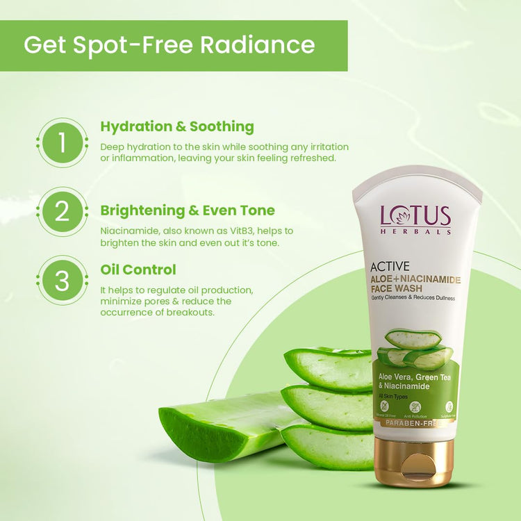 Lotus Herbals Active Aloe + Niacinamide Face Wash | Gently Cleanses | Reduce Dullness | Sulphate Free | All Skin Types | 100gm