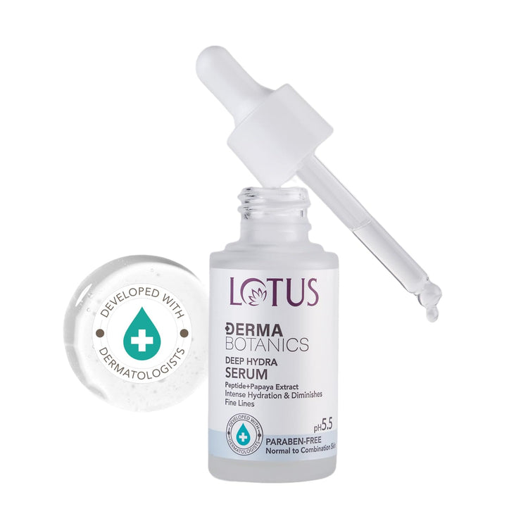 Lotus DermaBotanics Peptide + Papaya Extract Deep Hydra Serum | Diminishes Fine Lines | Boosts Collagen | Made with Dermatologists | Non-irritating | pH 5.5 | Normal to Combination Skin | 28ml