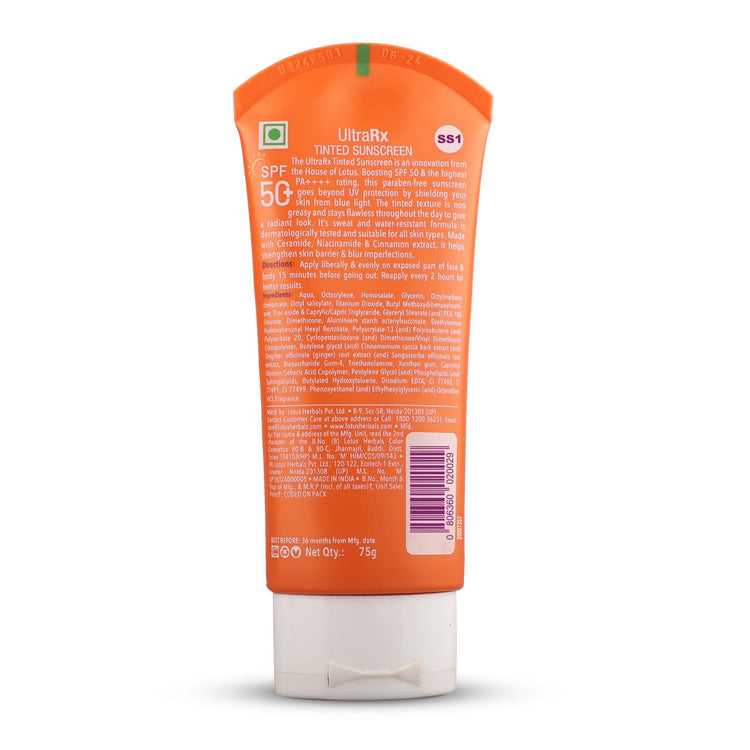 Lotus Herbals SafeSun UltraRx Tinted - S1 Sunscreen SPF 50+ and PA++++ For UV/Blue Filters, Broad Spectrum Protection with Niacinamide and Ceramide, Non Oily, Dermatologically Tested, For Oily, Dry, Combination Skin, 75g