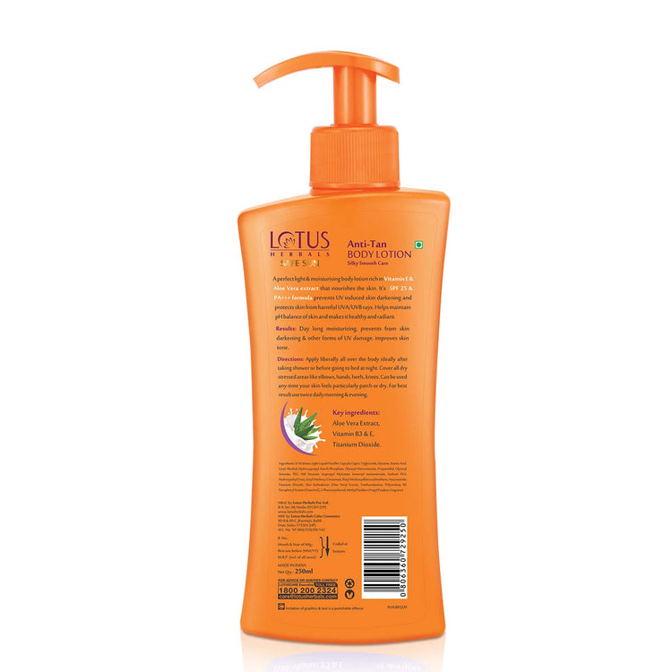 Lotus Herbals Safe Sun Anti Tan Body Lotion SPF 25 PA+++| with Aloe extracts| Suitable for all skin types| Moisturising, broad spectrum protection| 250ml