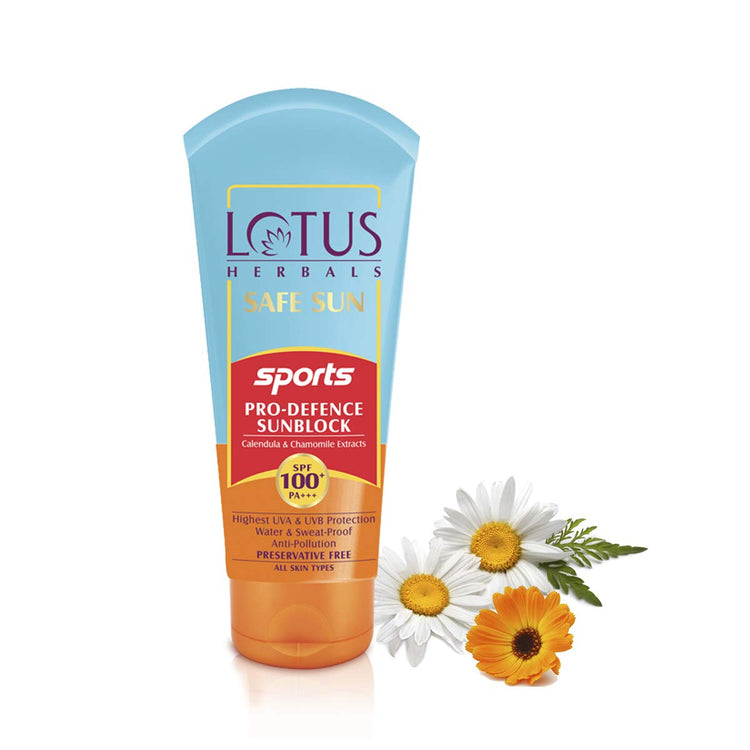 Lotus Herbals Safe Sun Sports Pro-Defence Sunscreen All Skin Cream SPF 100 PA+++, Sweat & Waterproof, Preservatives Free, 80g