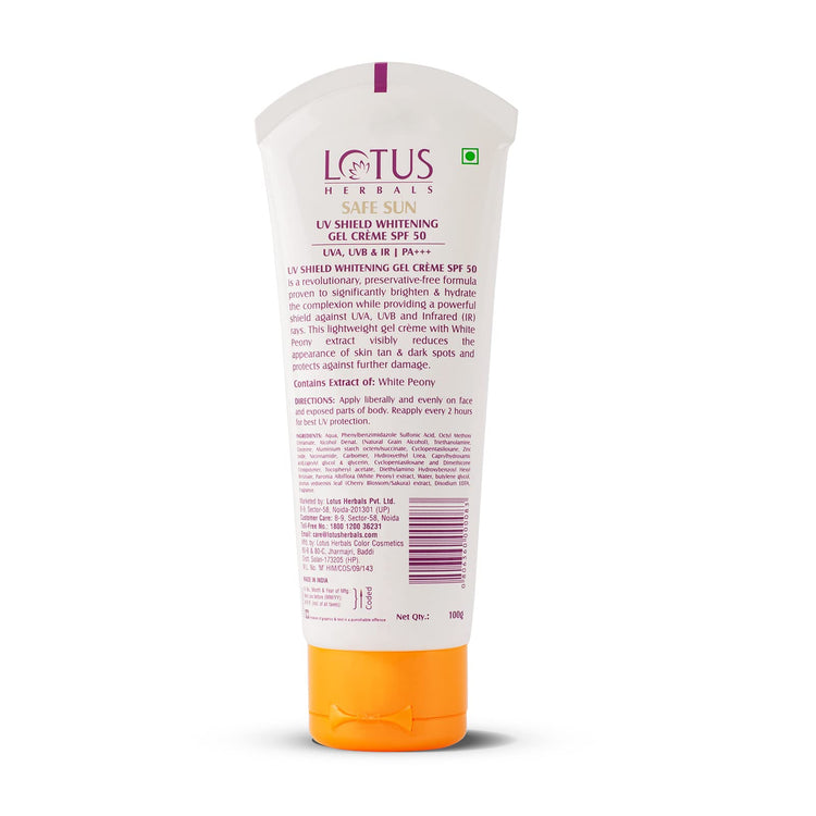 Lotus Herbals Safe Sun UV Shield Gel Cream | UVA, UVB & IR Protection | SPF 50 | PA +++ | All Skin Type | Preservative Free | Non-greasy | 100g