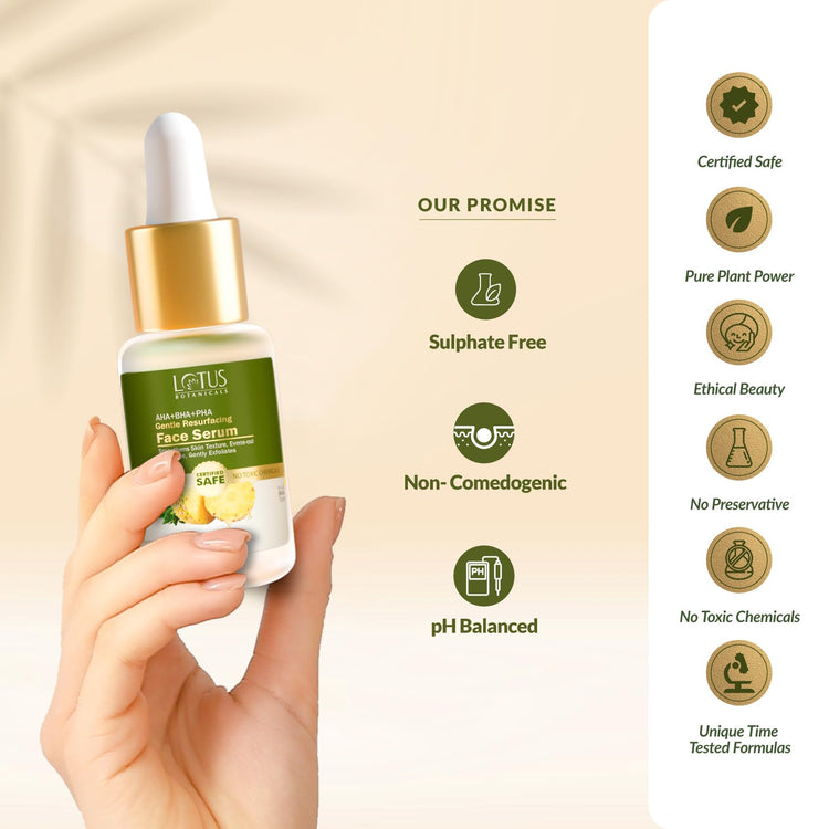 Lotus Botanicals AHA+BHA+PHA & Pineapple Gentle Resurfacing Face Serum| All Skin type|Paraben & Sulphate Free| 14ml