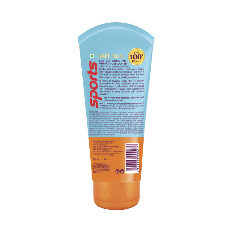 Lotus Herbals Safe Sun Sports Pro-Defence Sunscreen All Skin Cream SPF 100 PA+++, Sweat & Waterproof, Preservatives Free, 80g