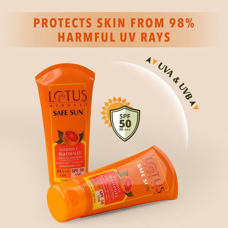 Lotus Herbals Safe Sun Vitamin C Matte Gel Daily Sunscreen | SPF 50 | PA+++ | Paraben Free | Dermatologically Tested | Anti Pollution | Normal/Oily Skin | 75g