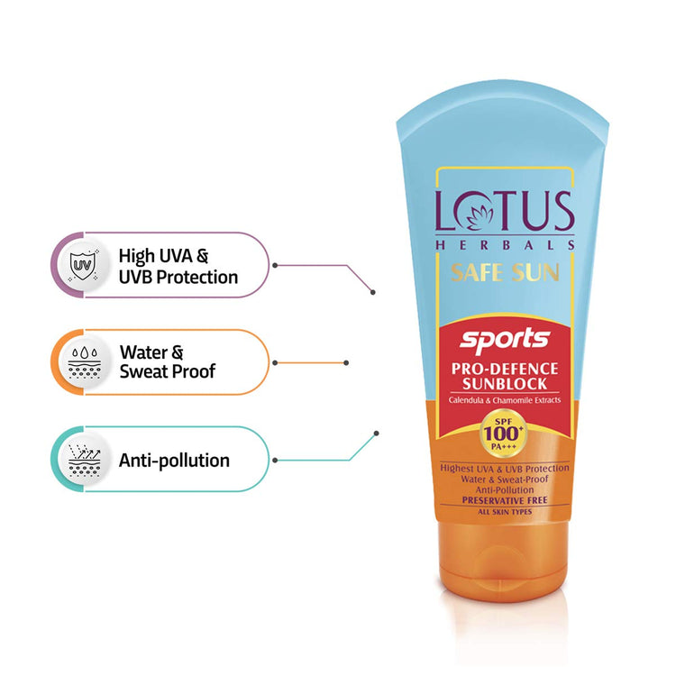 Lotus Herbals Safe Sun Sports Pro-Defence Sunscreen All Skin Cream SPF 100 PA+++, Sweat & Waterproof, Preservatives Free, 80g
