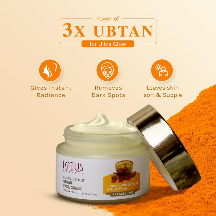 Lotus Herbals Radiance Boost Ubtan Face Cream SPF 20| Turmeric, Sandalwood and Rose Water| Glowing Skin|Reducing Dark Spots| Paraben free|Mineral Oil Free | 50gm
