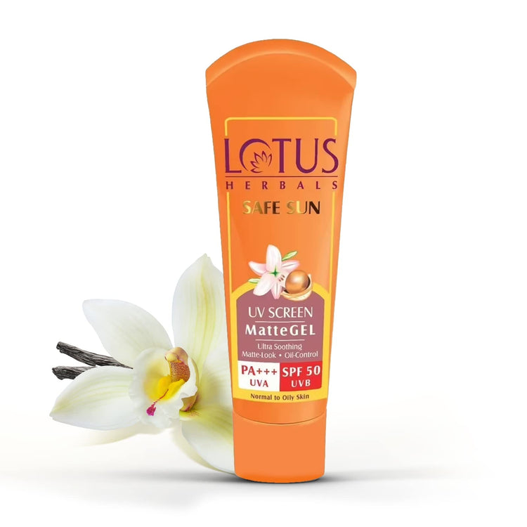 Lotus Herbals Sunscreen for Women & Men | Safe Sun UV Screen Matte Gel Sunscreen SPF 50 & PA+++ | UVA & UVB Protection | Comfrey, Vanilla, Horse Chestnut Extract | No White Cast | Normal to Oily Skin | 30g