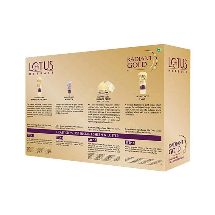 Lotus Herbals Radiant Gold Facial Kit For Instant Glow With 24K Pure Gold & Papaya,4 Easy Steps, 170g (Multiple Use)
