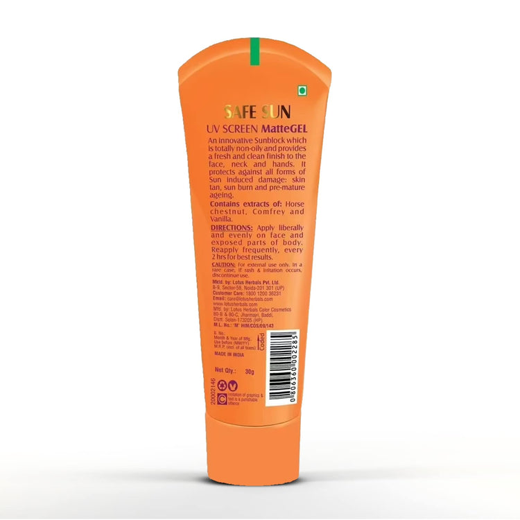 Lotus Herbals Sunscreen for Women & Men | Safe Sun UV Screen Matte Gel Sunscreen SPF 50 & PA+++ | UVA & UVB Protection | Comfrey, Vanilla, Horse Chestnut Extract | No White Cast | Normal to Oily Skin | 30g