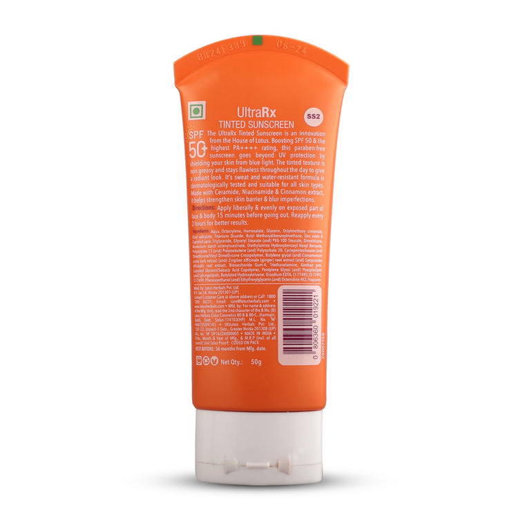 Lotus Herbals SafeSun UltraRx Tinted - S2 Sunscreen SPF 50+ and PA++++ For UV/Blue Filters, Broad Spectrum Protection with Niacinamide and Ceramide, Non Oily, Dermatologically Tested, For Oily, Dry, Combination Skin, 50g
