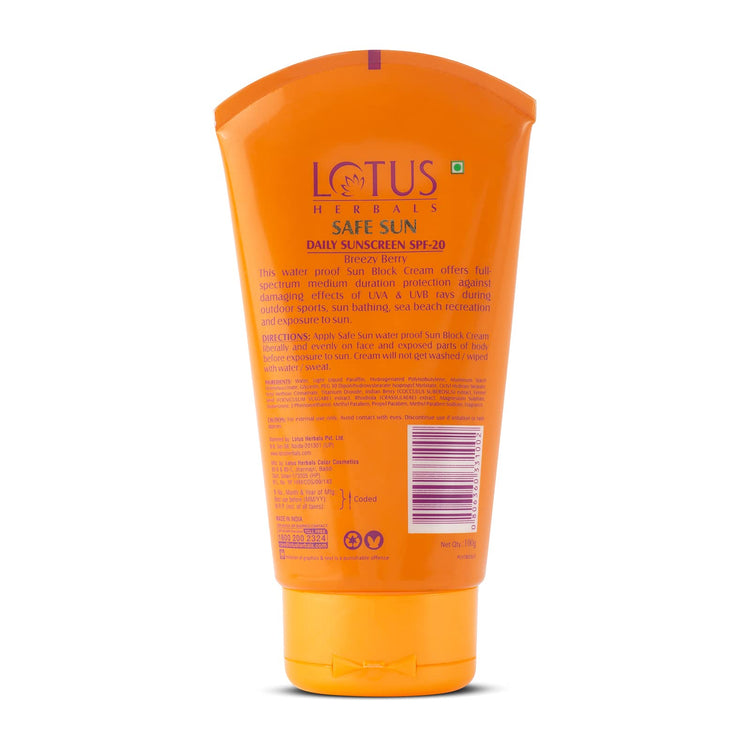 Lotus Herbals Safe Sun Sunscreen Cream - Breezy Berry SPF 20 PA+| Sweat & Waterproof, Non-Greasy| Berry extract| | All skin types| 100gm