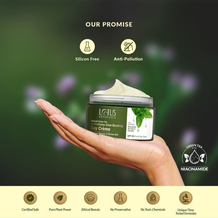 Lotus Botanicals Natural Green Tea HydraDetox Glow Boosting Day Cream SPF 20 with Niacinamide |50G