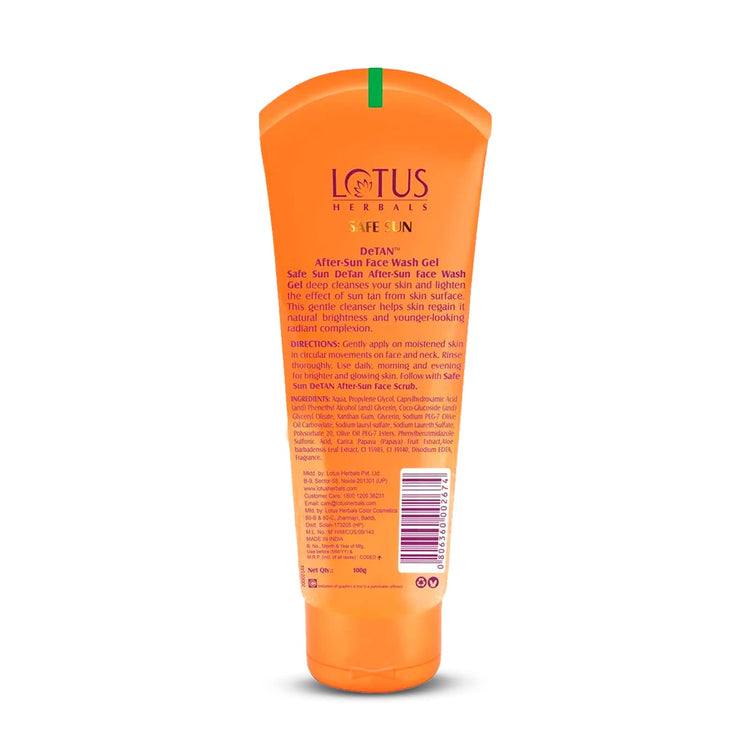 Lotus Herbals Safe Sun DeTAN After-Sun Face Wash Gel | Papaya & Aloe Vera |Preservative free, enriched with natural actives| All Skin Types | 100g