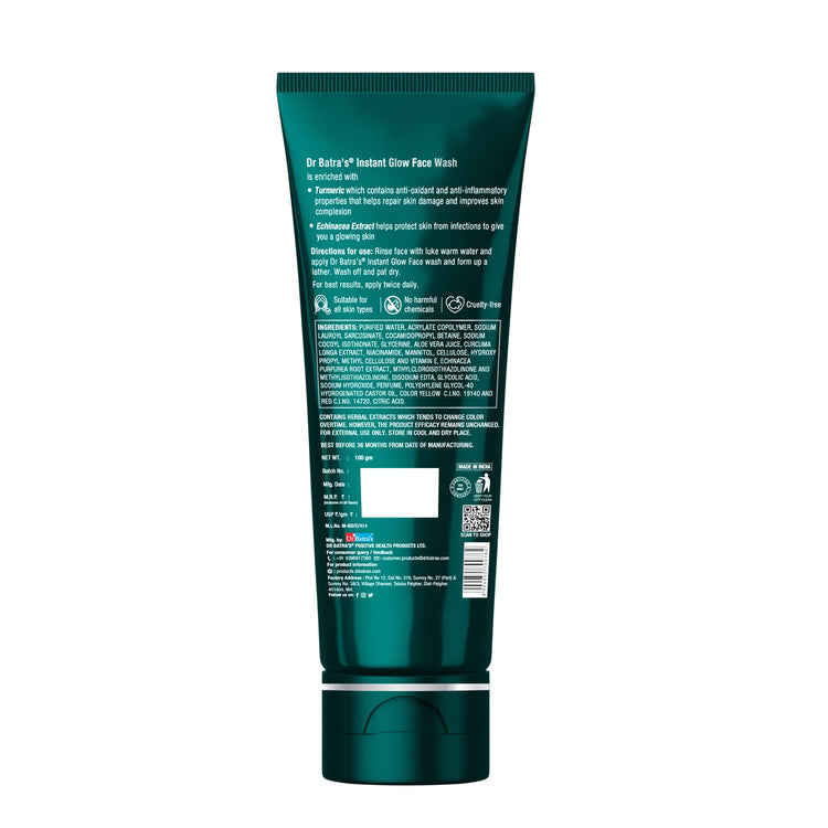 Dr Batra's Instant Glow Face Wash, Enriched with Echinacea & Turmeric, Repairs Skin Damage, Prevents infections, Face Wash for Skin Complexion & Glowing skin, Paraben & Silicone free(100g)