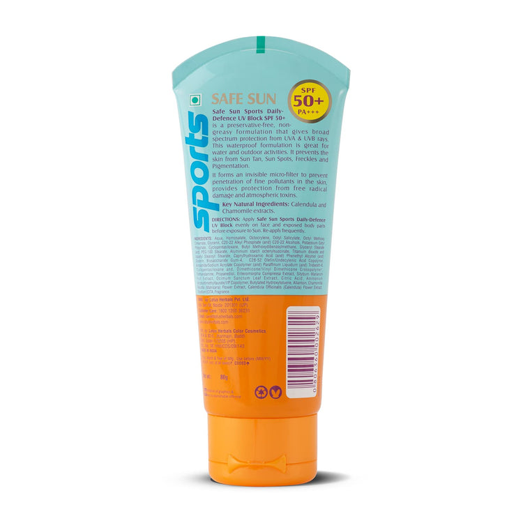 Lotus Herbals Safe Sun Sports Daily-Defence Sunblock for Normal Skin | SPF 50 | PA+++ | Preservative Free | Anti-Pollution | 80g