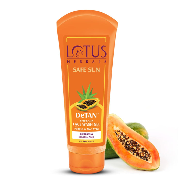 Lotus Herbals Safe Sun DeTAN After-Sun Face Wash Gel | Papaya & Aloe Vera |Preservative free, enriched with natural actives| All Skin Types | 100g