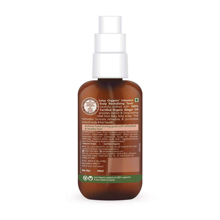 Lotus Organics+ Intensive Scalp Revitalizing Hair Tonic | 100% Certified Organic Ginger Oil | Reduces Split Ends & Adds Shine | Nourishes Hair Follicles | Sulphate Free | All Hair Types | 100ml
