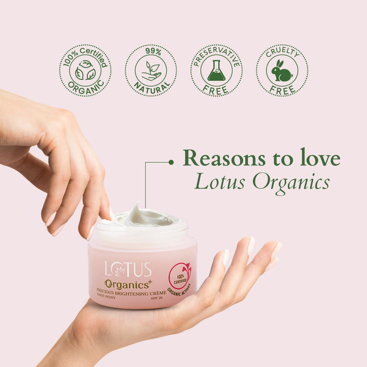 Lotus Organics+ Precious Brightening Cream | For Dark Spots, Blemishes & Pigmentation | SPF 20 Moisturiser | 30g
