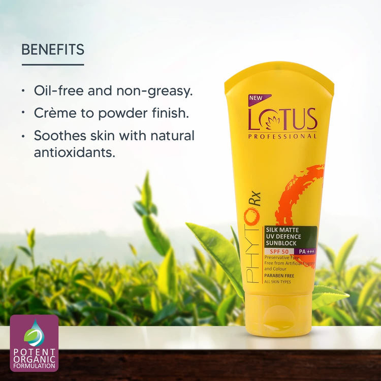 Lotus Professional PHYTORX SILK MATTE UV DEFENCE SUNBLOCK SPF 50 PA+++ | Oil free | Non sticky | High UVA UVB Protection | Paraben Free | 75g