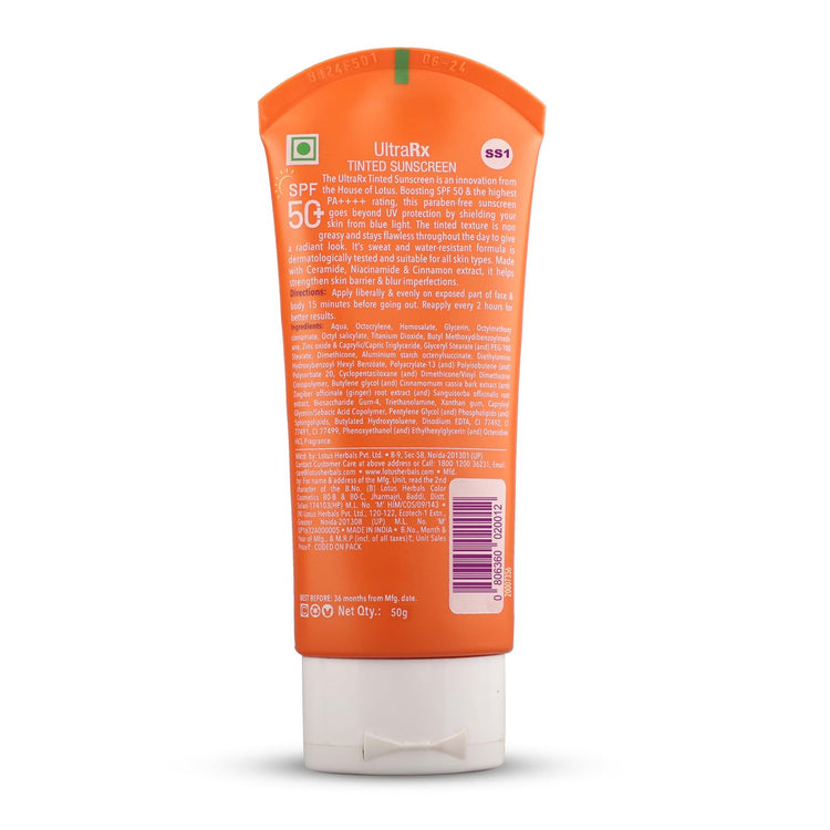 Lotus Herbals SafeSun UltraRx Tinted - S1 Sunscreen SPF 50+ and PA++++ For UV/Blue Filters, Broad Spectrum Protection with Niacinamide and Ceramide, Non Oily, Dermatologically Tested, For Oily, Dry, Combination Skin, 50g