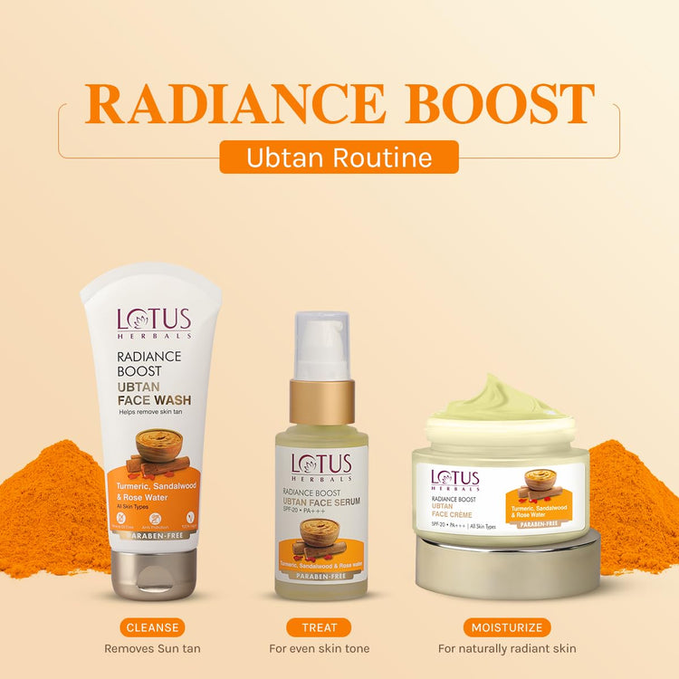 Lotus Herbals Radiance Boost Ubtan Face Cream SPF 20| Turmeric, Sandalwood and Rose Water| Glowing Skin|Reducing Dark Spots| Paraben free|Mineral Oil Free | 50gm