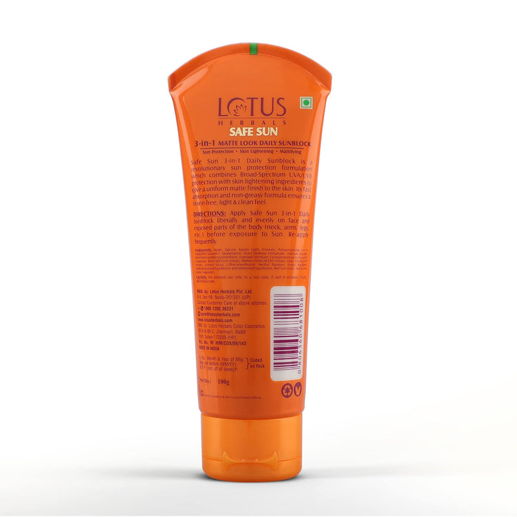 Lotus Herbals Safe Sun 3-In-1 Matte Look Daily Sunblock Sunscreen SPF 40 | Matte Finish | Non-greasy | Suitable For All Skin Types | 100g