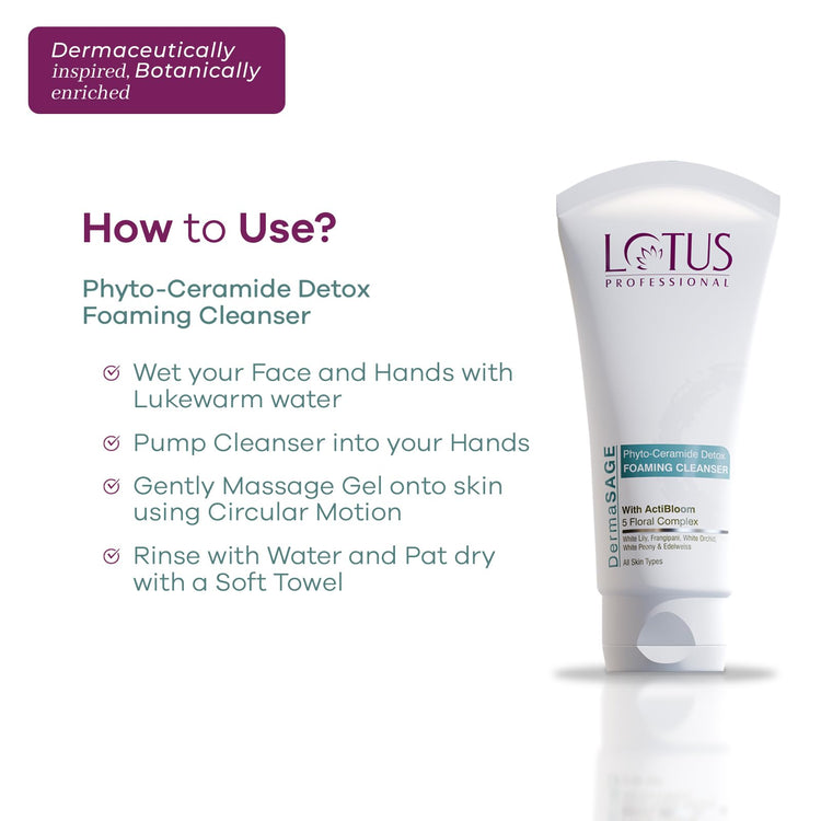Lotus Professional DermaSAGE Phyto Ceramide Detox Foaming Cleanser for Clear & Hydrated Skin | All Skin Types | 100g