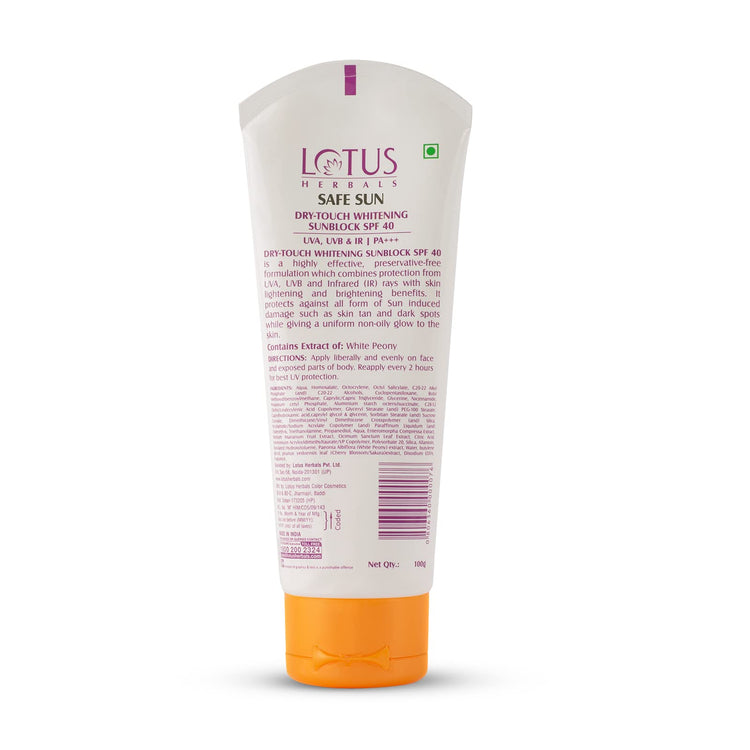 Lotus Herbals Safe Sun Dry-Touch Whitening Sunblock | Matte Texture | SPF 40 | PA+++ | Preservative Free | 100g