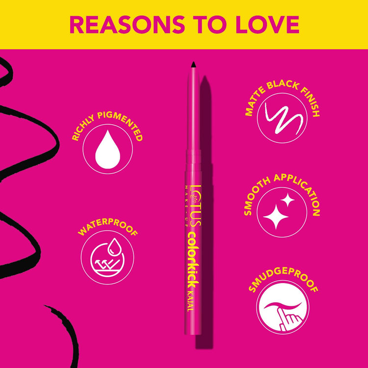 Lotus Make-Up Colorkick Kajal | Intense Black | Vegan | Waterproof | Enriched with Almond Oil| Suitable for All Skin Tyes | 0.35g