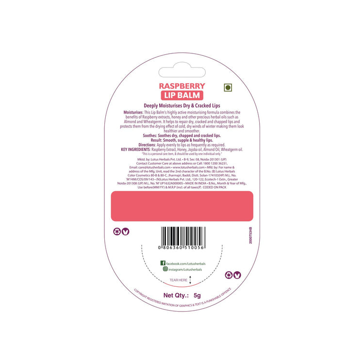 Lotus Herbals Lip Balm - Raspberry | For Dry & Cracked Lips | 5g