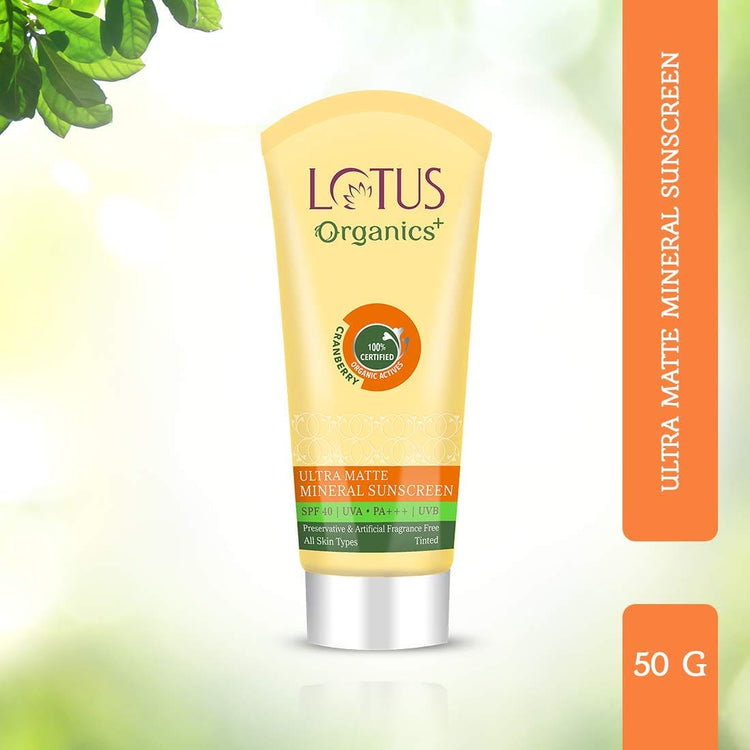 Lotus Organics+ Ultra Matte Tinted Face Sunscreen Cream, SPF 40 PA+++ | Natural, Mineral Based, Chemical Free | Matte Finish | Sun Protection | 100% Certified Organic | Water & Sweat Resistant | 100g