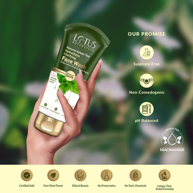 Lotus Botanicals Natural Green Tea HydraDetox Clarifying Face Wash with Niacinamide | Boosts Glow & Brightens Skin | Fights Acne and Pimples | Tightens Pores & Clears Toxins | Preservative Free | For All Skin Types | 100g