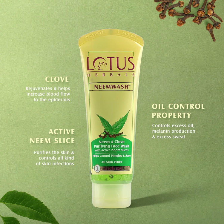 Lotus Herbals Neem And Clove Purifying Face Wash With Active Neem Slices, 120g