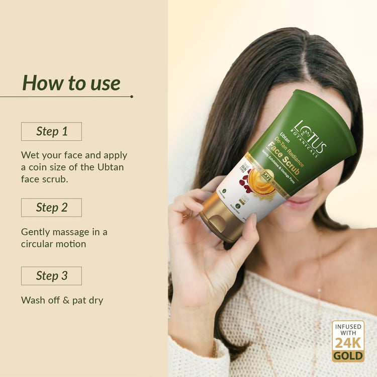 Lotus Botanicals Ubtan De-Tan Radiance Face Scrub | Infused with 24K Gold | For Gentle Exfoliation, Unclogs Pores, Glowing & Rejuvenated Skin, Anti-Tan | No Silicon, No Sulphates, Non-Comedogenic, No Preservatives | 100g