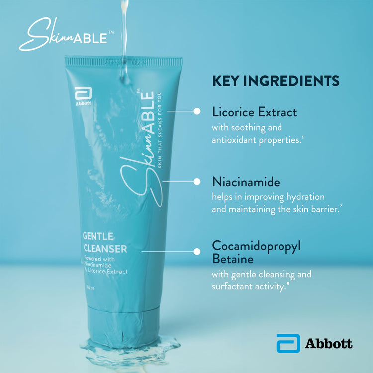Abbott Skinnable Gentle Cleanser with Niacinamide, licorice glycolic extract, glycerin,Glyceryl laurate, Lactic acid, pH balanced,Paraben free,Soap free,anti-acne facewash for Women & Men 100ml*2 Pack