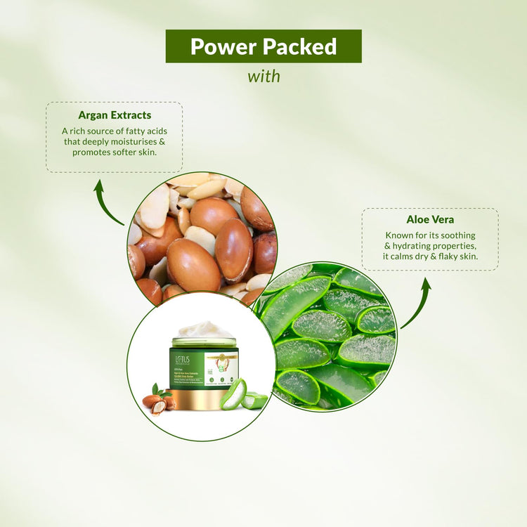 Lotus Botanicals 100% Pure Argan & Aloe Vera Extracts HydraMelt Body Butter | Deeply Moisturizes Dry Skin | Smooth & Nourished Skin | Repairs Damaged Skin | No Toxic Chemicals, No Sulphates, No Silicone, No Parabens | Suitable for All Skin Types | 200g