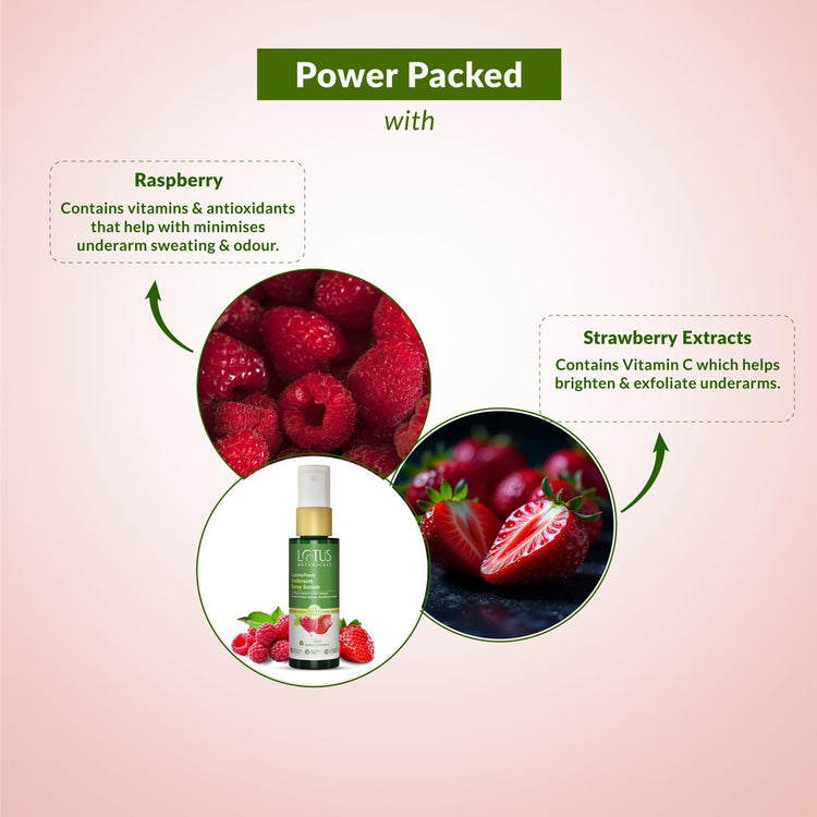 Lotus Botanicals LuminaFresh Underarm Spray Serum with Raspberry and Strawberry | Brighten Underarms and Control Sweat-Induced Odour | Antiperspirant properties | Suitable for Men & Women | Alcohol-free | Non-Aerosol | Suitable for All Skin Types | 55ml