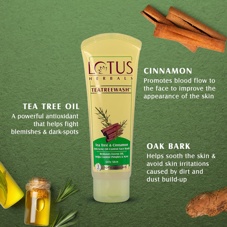 Lotus Herbals Teatreewash Face Wash | with Tea Tree Oil & Cinnamon | Anti Acne | Oil Control | For Oily Skin | 120ml (Pack Of 3)