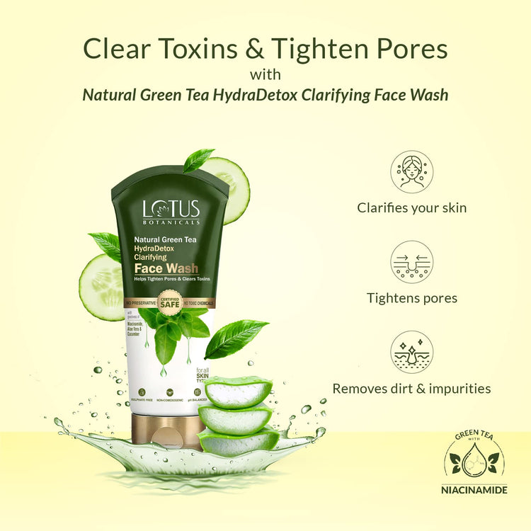 Lotus Botanicals Natural Green Tea HydraDetox Clarifying Face Wash with Niacinamide | Boosts Glow & Brightens Skin | Fights Acne and Pimples | Tightens Pores & Clears Toxins | Preservative Free | For All Skin Types | 100g