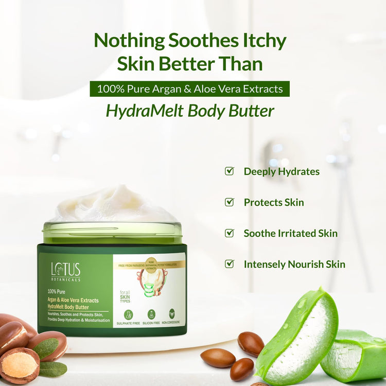 Lotus Botanicals 100% Pure Argan & Aloe Vera Extracts HydraMelt Body Butter | Deeply Moisturizes Dry Skin | Smooth & Nourished Skin | Repairs Damaged Skin | No Toxic Chemicals, No Sulphates, No Silicone, No Parabens | Suitable for All Skin Types | 200g