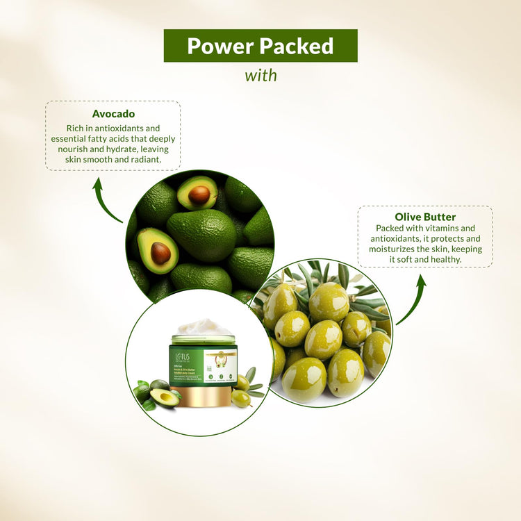 Lotus Botanicals 100% Pure Avocado & Olive Butter HydraMelt Body Cream | Deeply Moisturizes Dry Skin Smooth & Nourished Skin | Repairs Damaged Skin | No Toxic Chemicals | No Sulphates | No Silicones | No Parabens | Suitable for All Skin Types | 200g