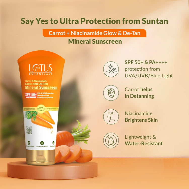 Lotus Botanicals Carrot & Niacinamide Glow and De-Tan Mineral Sunscreen | SPF 50+ | PA++++| Skin Brightening | Natural Ingredients | Blue Light Protection | All Skin Types | 50g