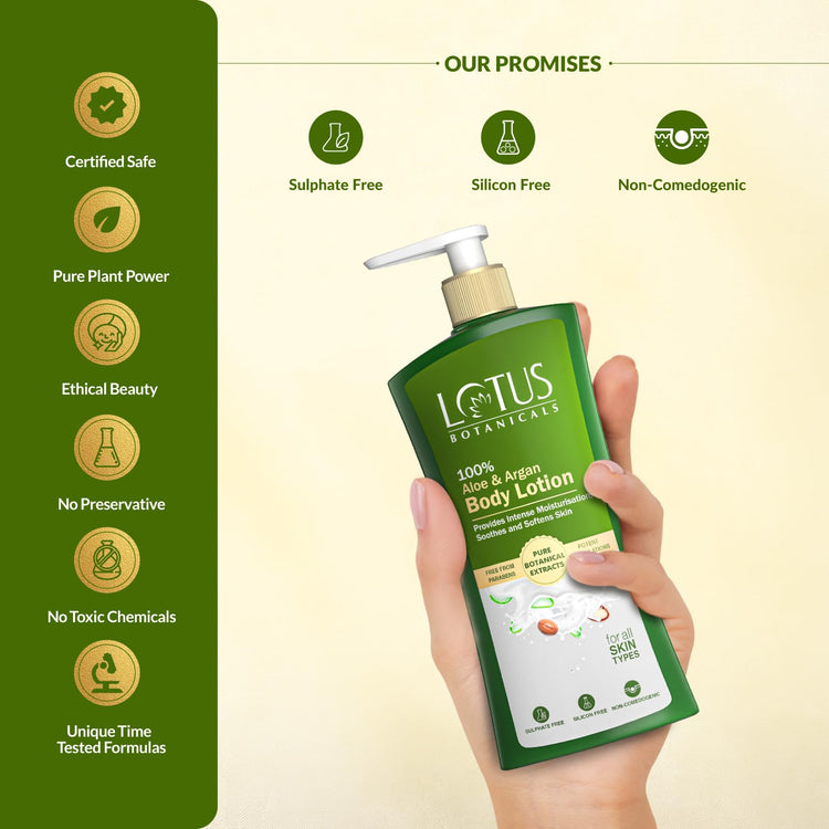 Lotus Botanicals 100% Aloe & Argan Body Lotion | Deeply moisturizes dry skin Smooth & Nourished Skin| Repairs Damaged Skin |No Parabens |All Skin Types |280 ml