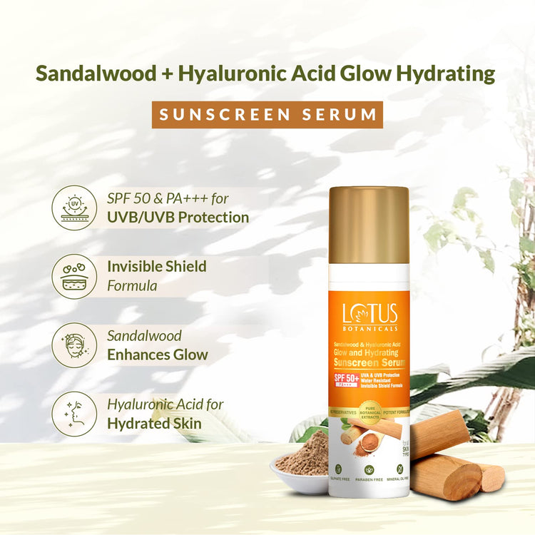 Lotus Botanicals Sandalwood & Hyaluronic Acid Glow and Hydrating Sunscreen Serum | SPF 50+ | PA+++ | Daily Sun Protection | Sandalwood-infused Sunscreen with Hyaluronic Acid I Invisible Shield Formula | Water Resistant | No White Cast | Suitable for All S