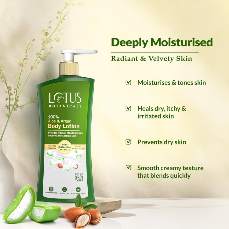 Lotus Botanicals 100% Aloe & Argan Body Lotion | Deeply moisturizes dry skin Smooth & Nourished Skin| Repairs Damaged Skin |No Parabens |All Skin Types |280 ml