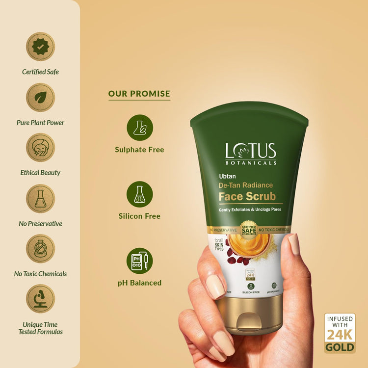 Lotus Botanicals Ubtan De-Tan Radiance Face Scrub | Infused with 24K Gold | For Gentle Exfoliation, Unclogs Pores, Glowing & Rejuvenated Skin, Anti-Tan | No Silicon, No Sulphates, Non-Comedogenic, No Preservatives | 100g